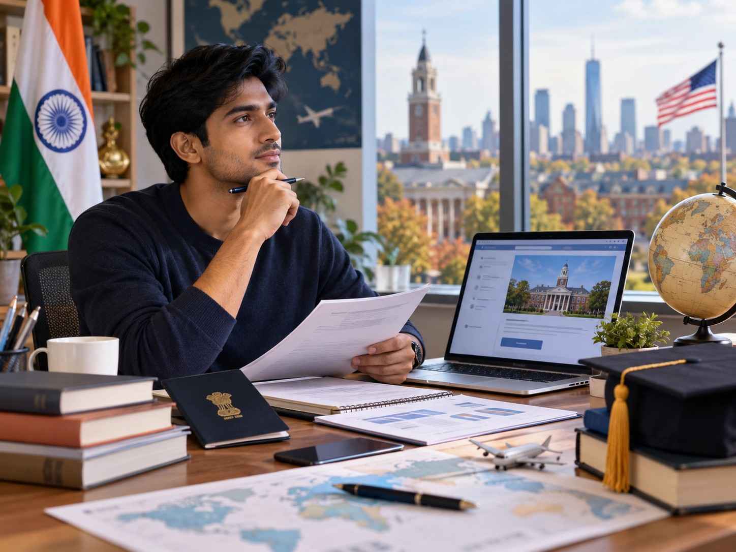 Indian applicant researching MBA in USA without GMAT options with university application documents, passport, laptop and study abroad planning materials.